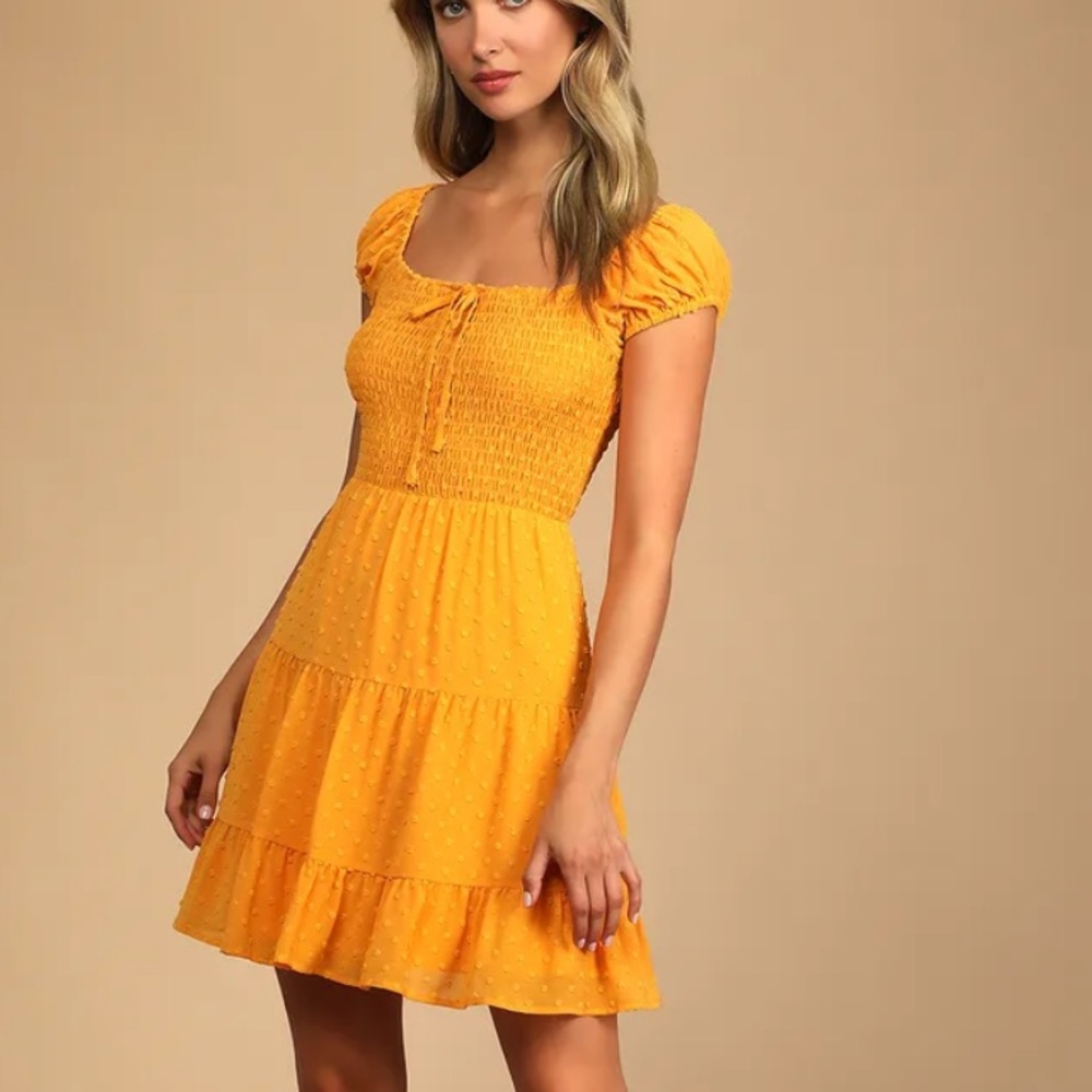 Lulu’s Feeling Cheerful Marigold Swiss Dot Smocked Mini Dress